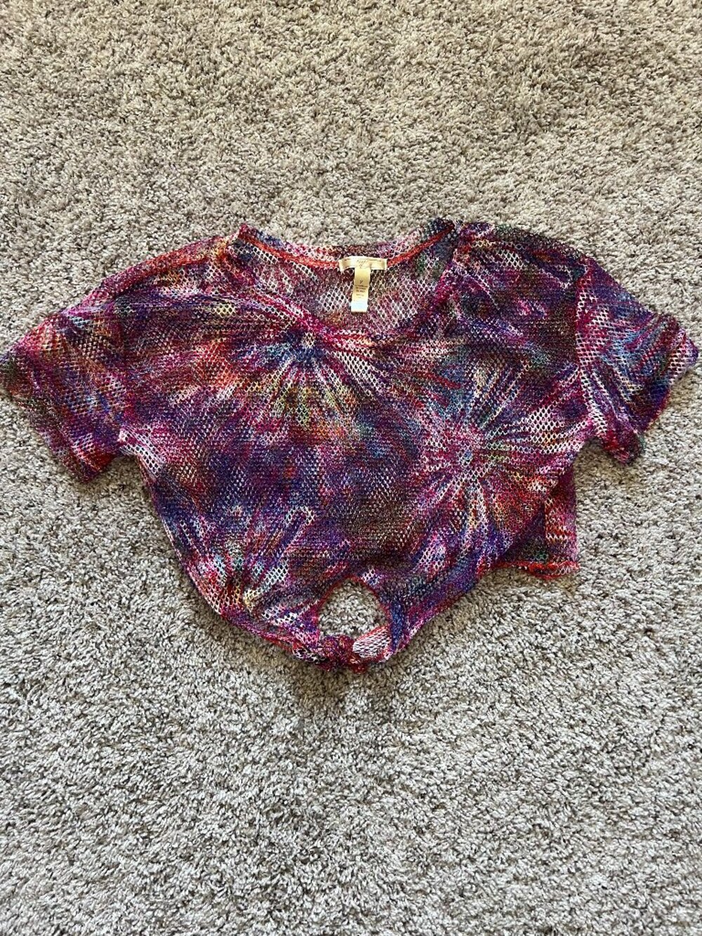 NYC Mesh Rainbow Tie Dye Crop Top Tie Front Women's Small Pink Festival Cover up